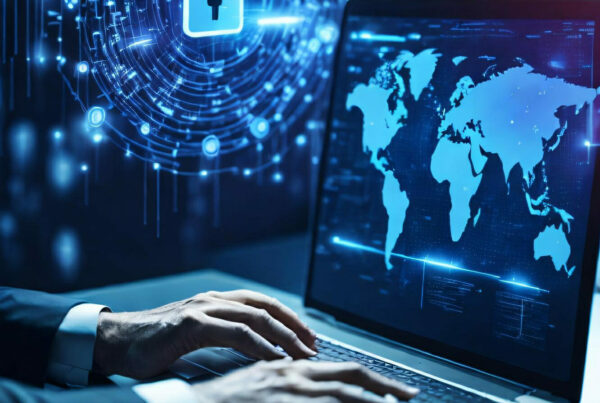 Redes informáticas: Persona escribiendo en un portátil con un mapa del mundo de imagen de pantalla. De fondo un holograma de un símbolo de candado representando VPNs