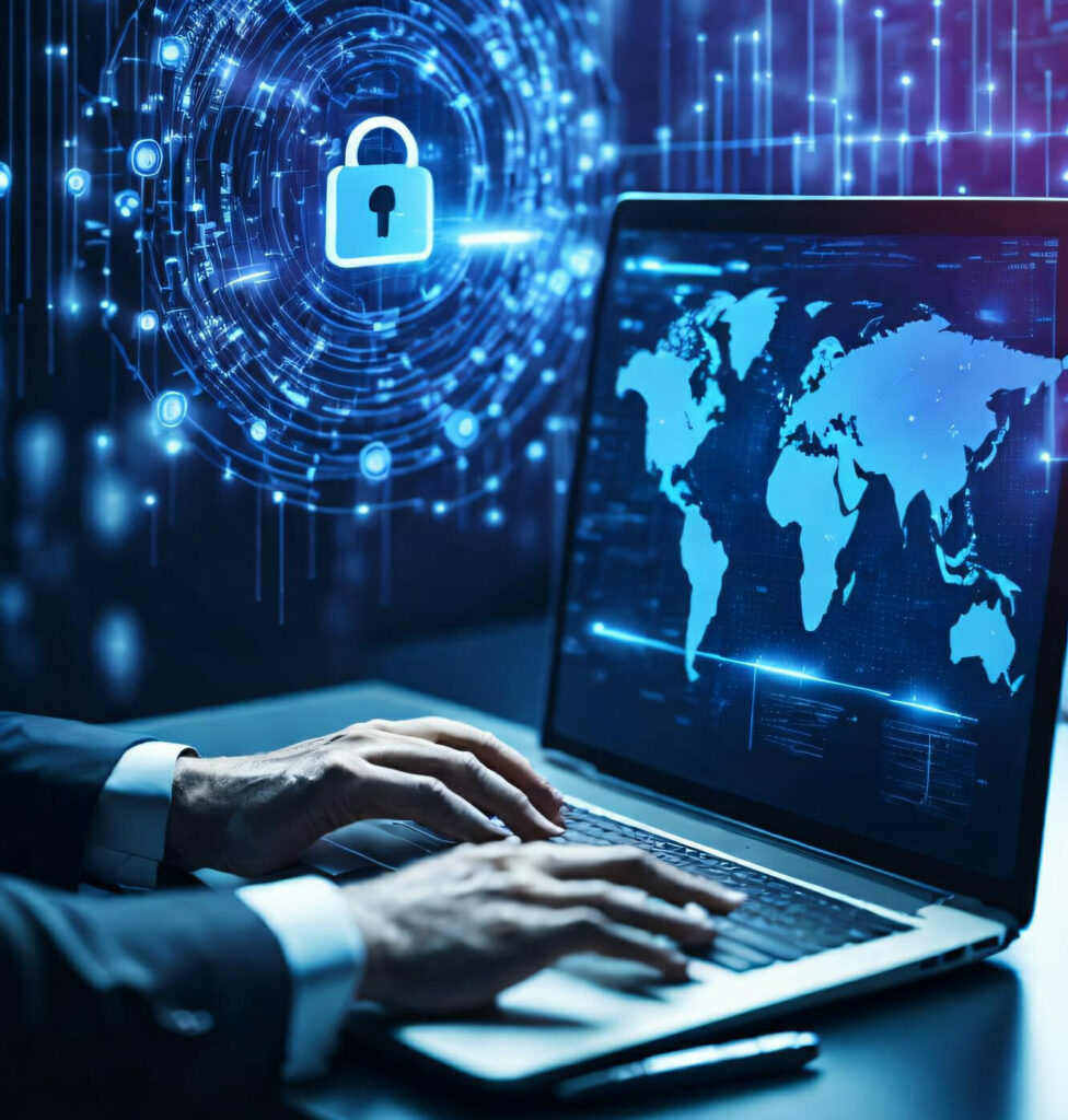 Redes informáticas: Persona escribiendo en un portátil con un mapa del mundo de imagen de pantalla. De fondo un holograma de un símbolo de candado representando VPNs