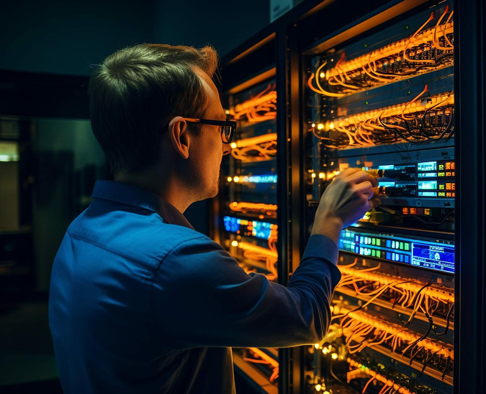 Seguridad informática: Persona trabajando en un rack de servidores lleno de cables y equipos iluminados.
