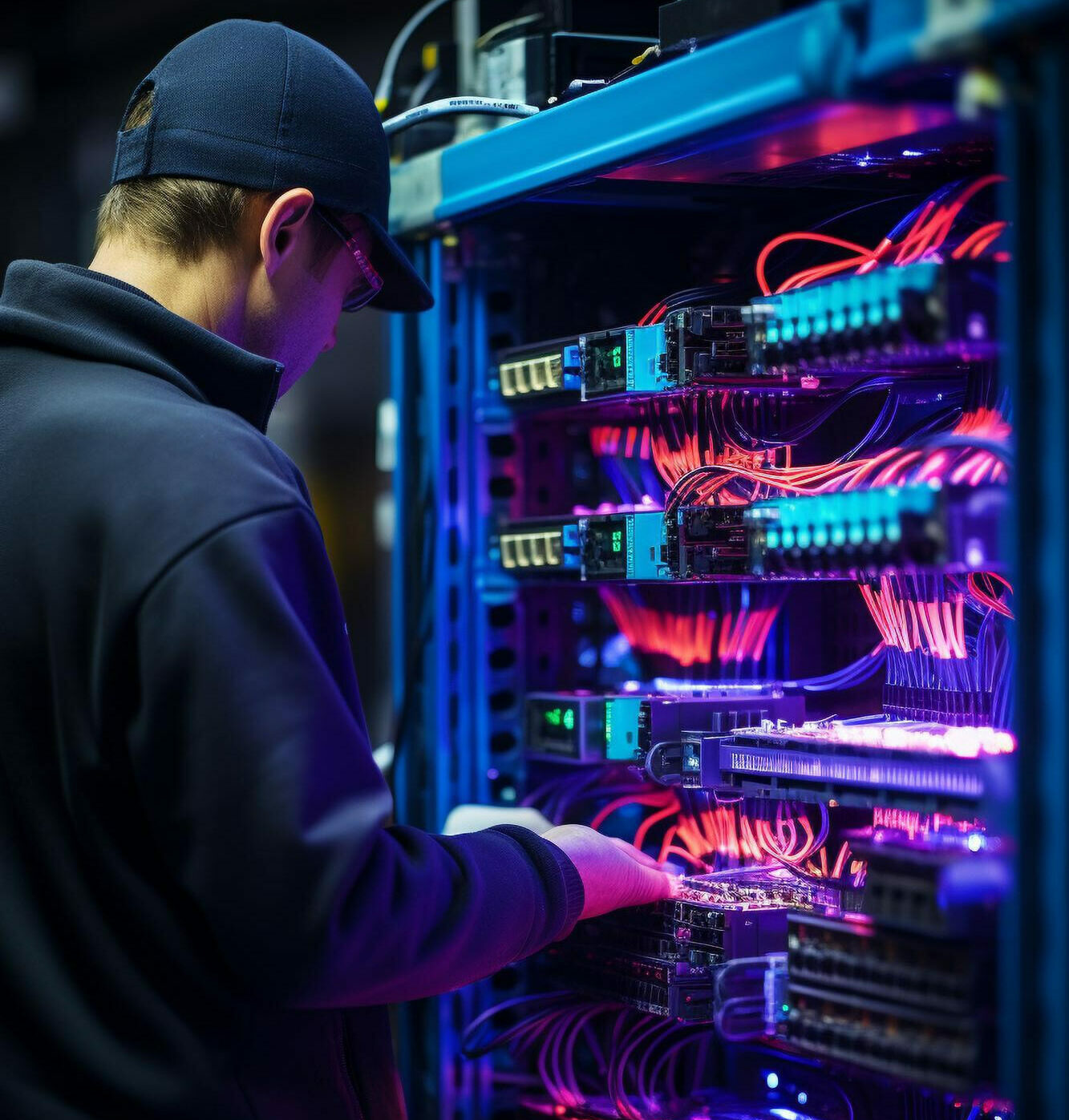 Soporte informático: Técnico profesional realizando mantenimiento en un servidor iluminado