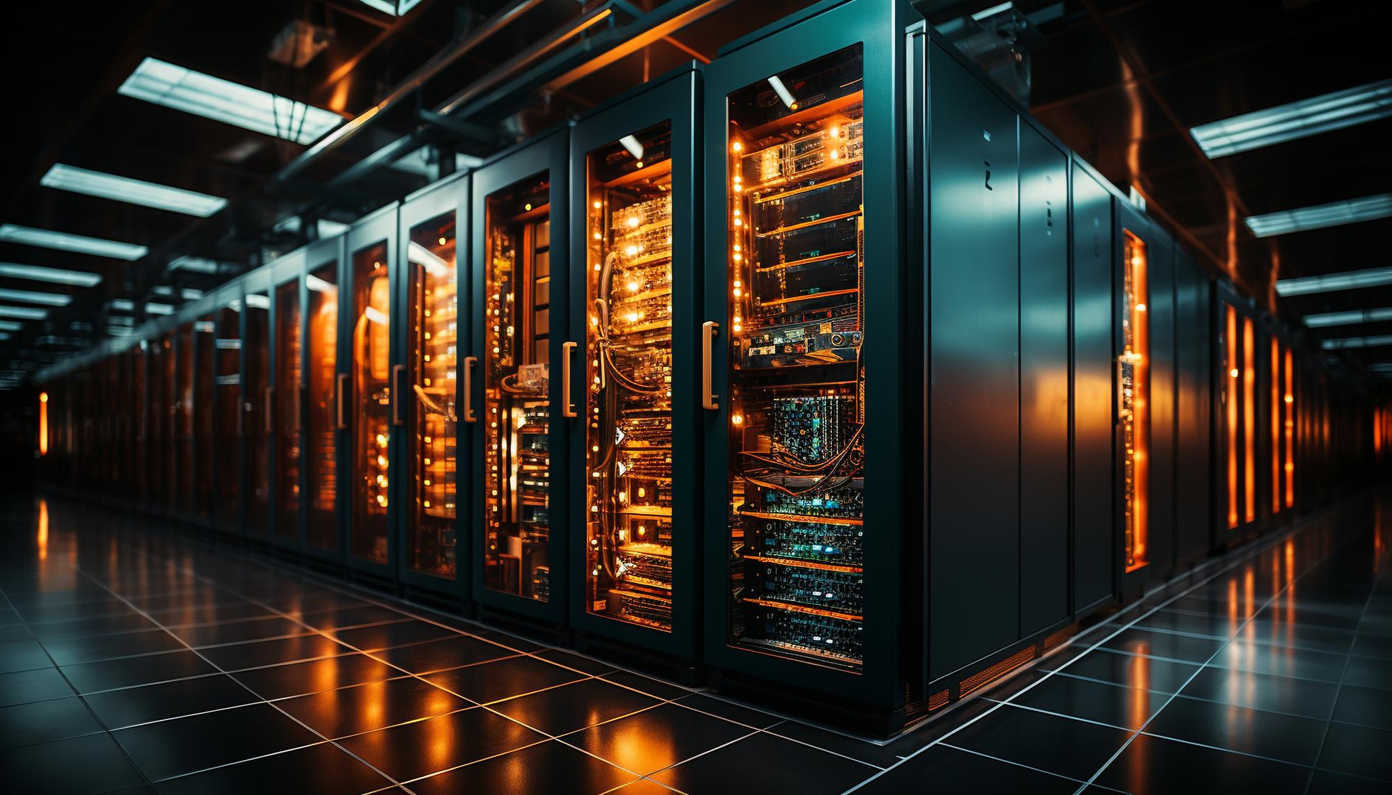 Redes informáticas: Centro de datos moderno con filas de servidores iluminados.