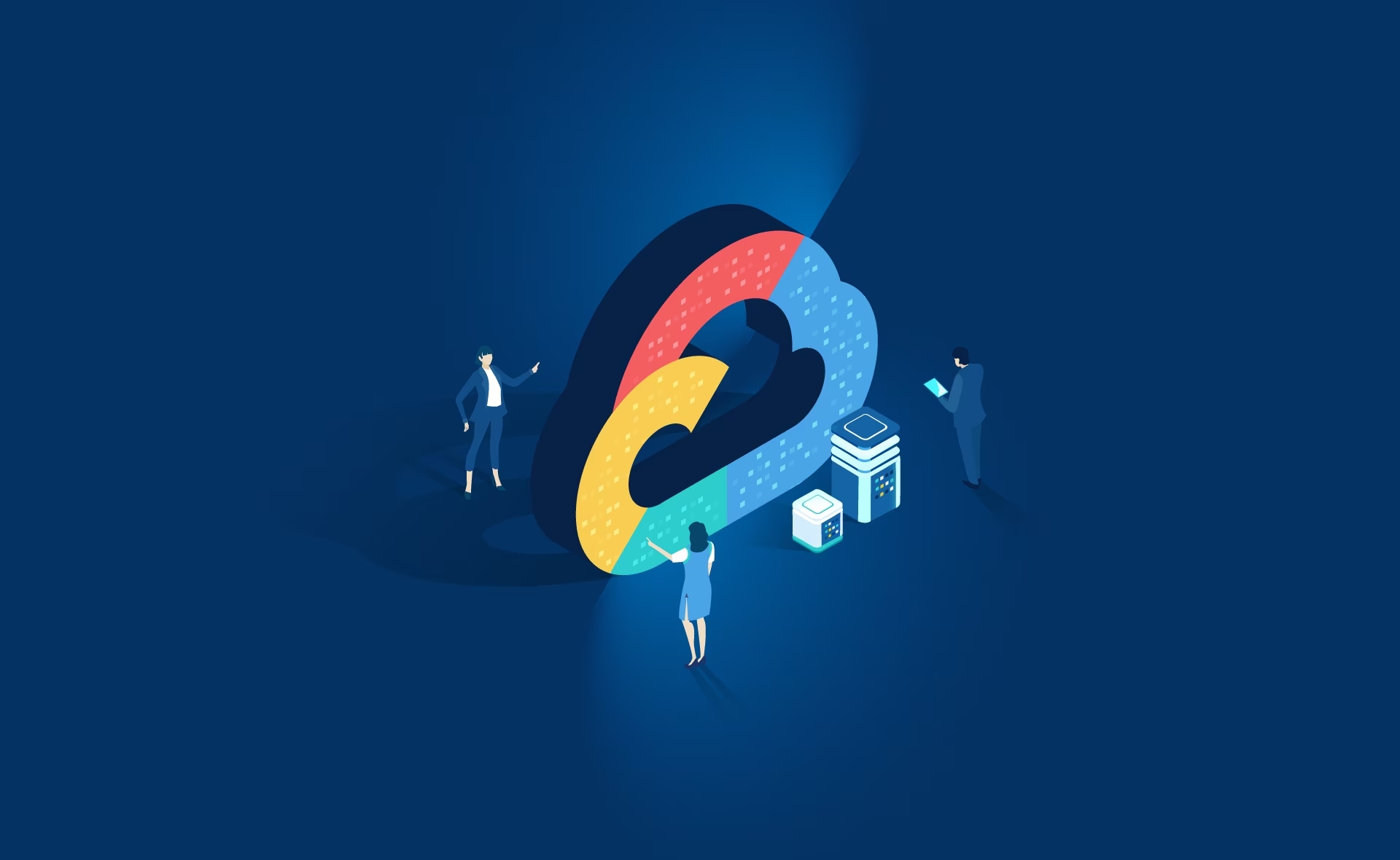 Hospedaje y dominios: Logo de Google Cloud con trabajadores alrededor