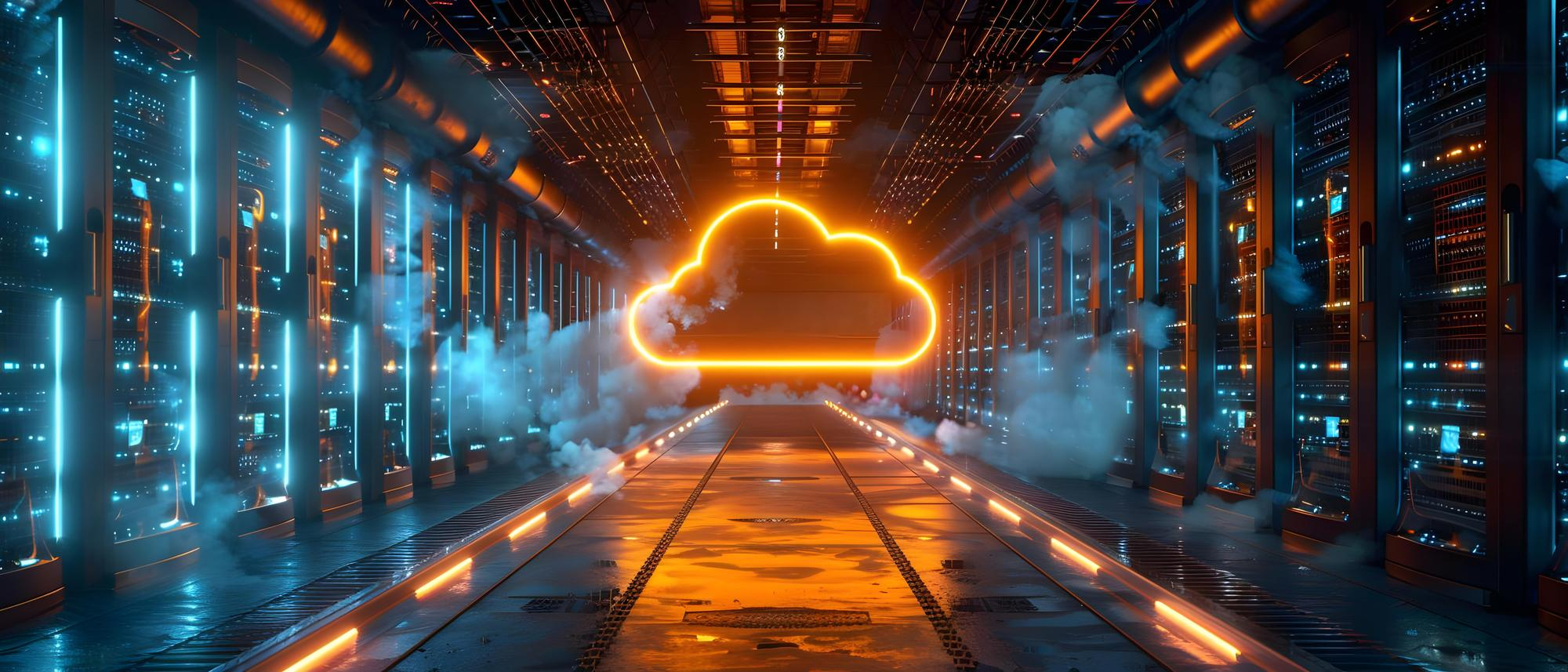 Hospedaje y dominios: Sala de servidores futurista con el símbolo de Cloud iluminado en el centro.