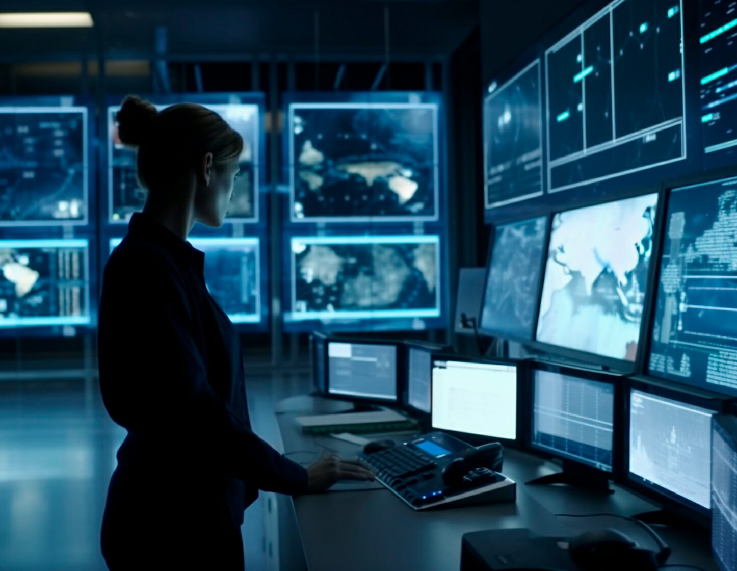 Seguridad informática: Mujer revisando diferentes sistemas en una zona de control con múltiples pantallas