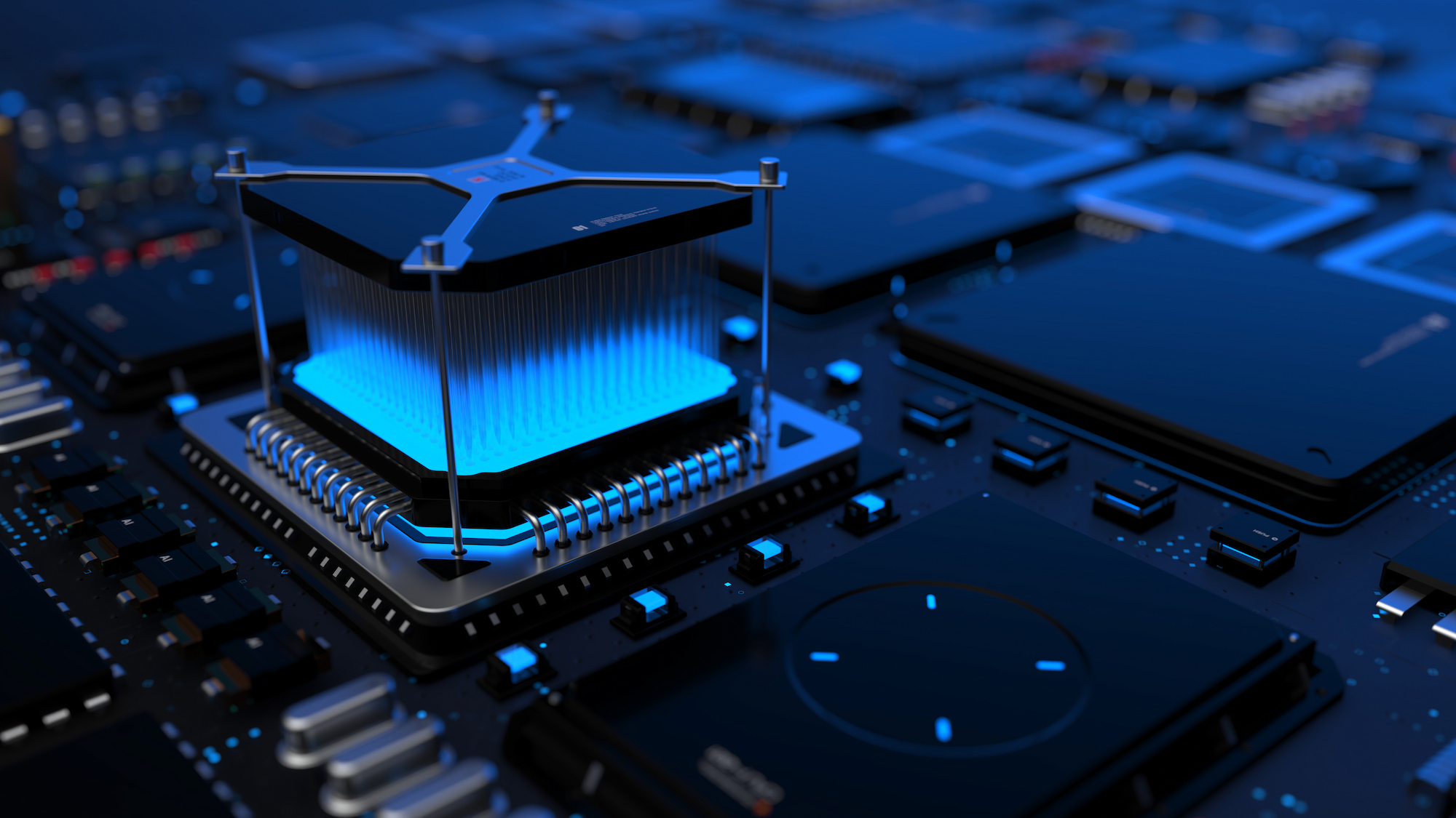 Procesador avanzado con luces azules en placa madre, representando innovación tecnológica.