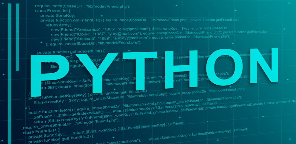 Fondo azul donde está escrito la palabra python con líneas de código por detrás