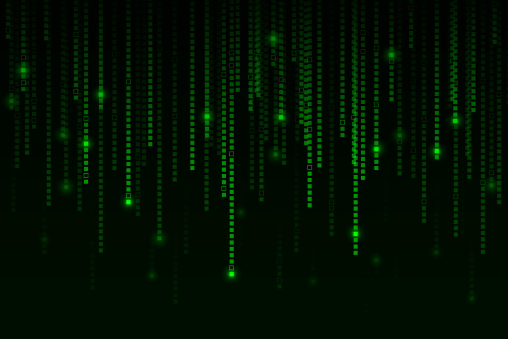 Kali linux: Fondo abstracto que representa el código binario con una lluvia de píxeles.