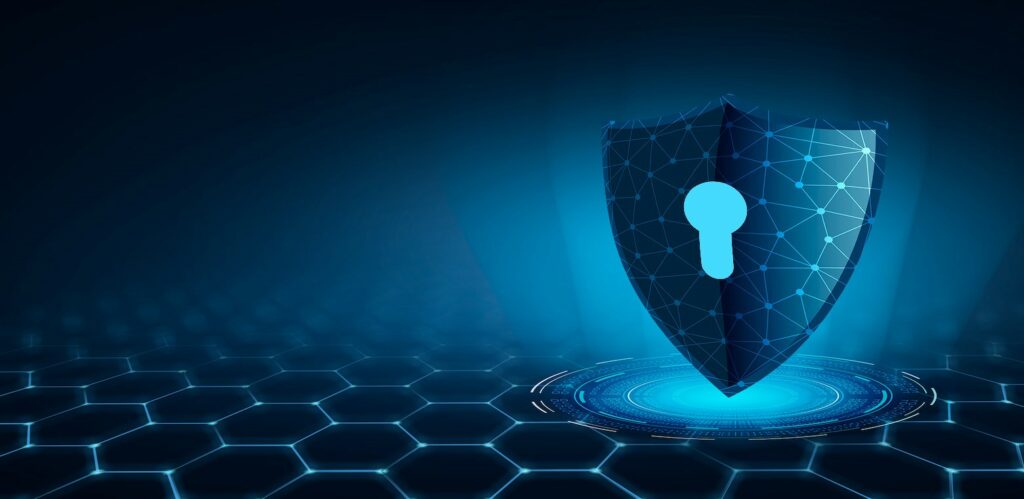 Fondo de hexágonos con un escudo en el cual hay una cerradura representando los antivirus.