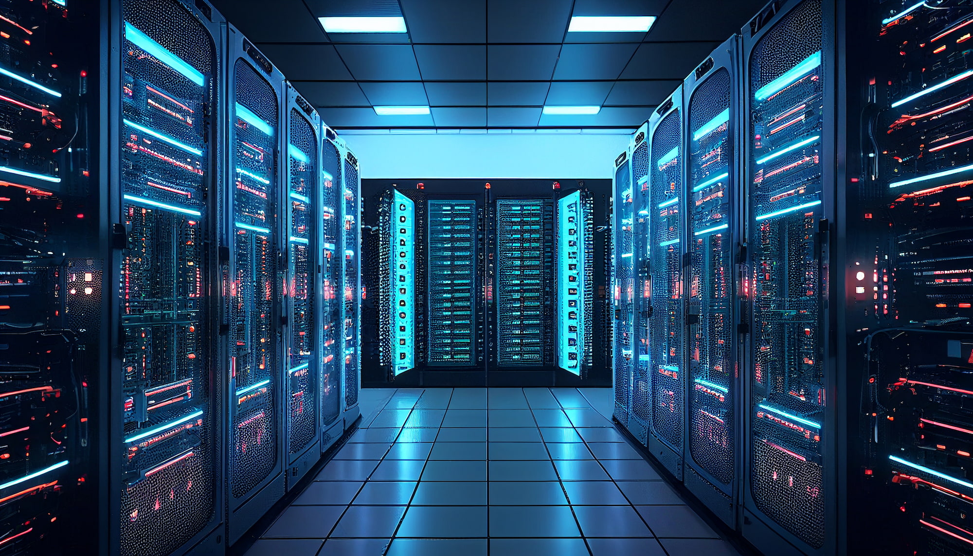 Imagen de un centro de datos moderno con filas de racks de servidores iluminados con luces LED azules.