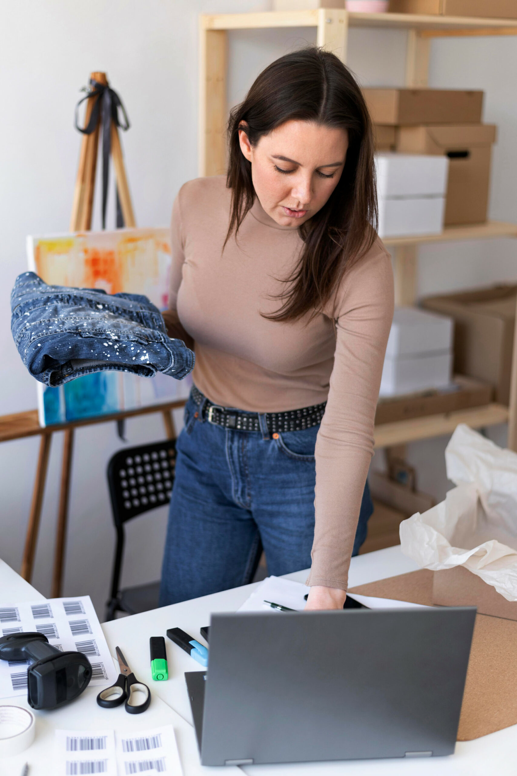 Emprendedora en su oficina gestionando tienda online, manipulando un portátil y ropa.