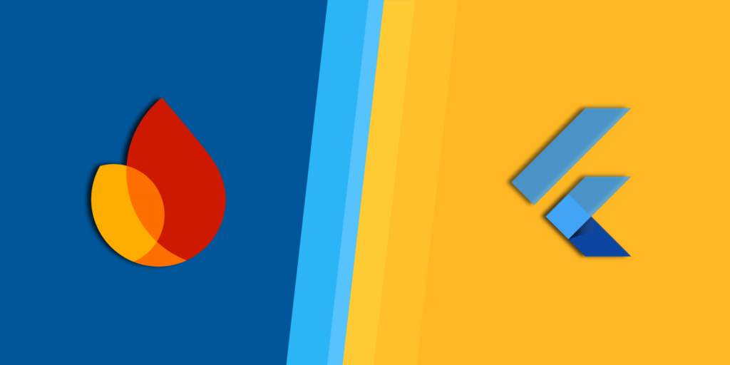 Logos de Flutter y Firebase sobre fondo amarillo y azul