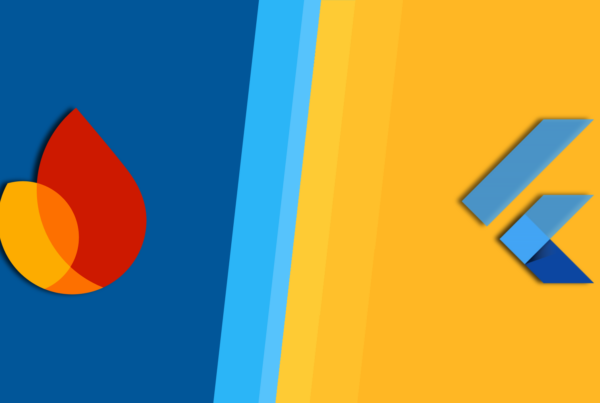 Logos de Flutter y Firebase sobre fondo amarillo y azul