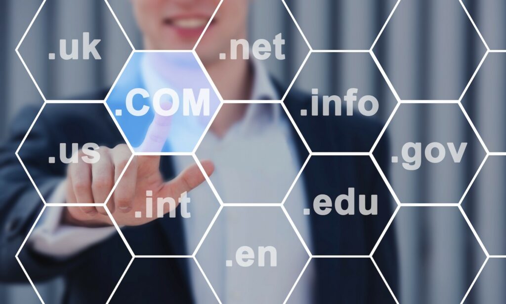 Imagen de una persona señalando un dominio de una lista de dominios superpuestos digitalmente.